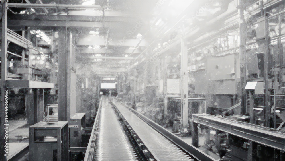 Obraz premium Monochrome Industrial Interior - Conveyor Belt and Machinery in a Factory Setting.