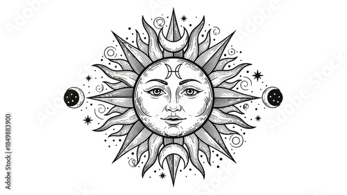 Intricate sun with human face surrounded by crescent moons and stars, mystical celestial astrological design, isolated white background