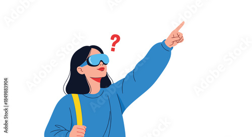 Woman wearing virtual reality goggles pointing upwards with a question mark, illustrating curiosity and exploration in the metaverse.
