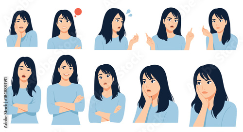 Set of a young asian woman's portraits showing a wide range of facial expressions and emotions, from happy and smiling to sad and angry.