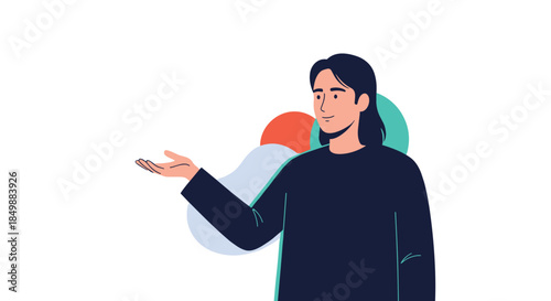 Young man with long hair gesturing with an open palm, presenting or introducing a concept with a friendly and welcoming expression.
