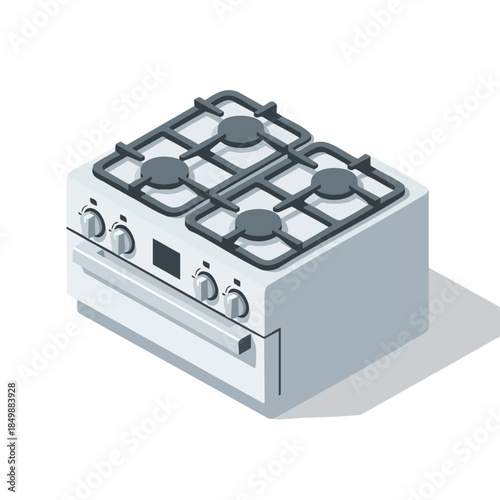 Isometric illustration of a stainless steel gas stove with four burners and oven, on a white background with a shadow.
