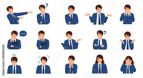 Comprehensive character set of a businessman in a suit displaying a wide range of emotions, poses, and gestures for corporate concepts.