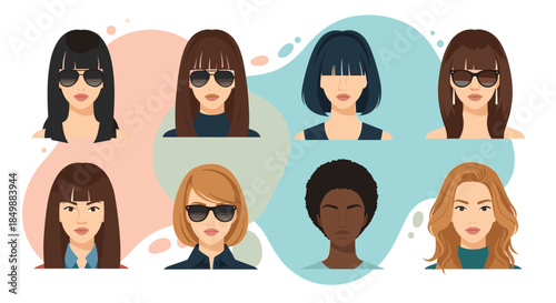 Set of diverse female portraits with various hairstyles and ethnicities, including women wearing stylish sunglasses, representing modern beauty.