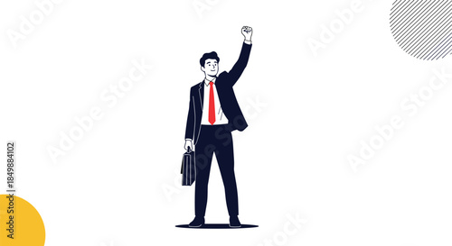 Successful businessman holding a briefcase and raising his fist in a triumphant pose, symbolizing achievement and leadership.