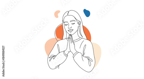 Line art illustration of a peaceful woman with closed eyes and hands clasped in prayer, gratitude, or a moment of mindfulness.