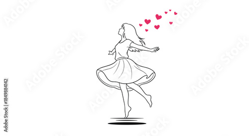 Whimsical line drawing of a joyful girl with angel wings dancing happily, surrounded by floating hearts representing love and bliss.