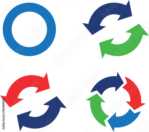 Blue circle and three rotating arrow cycles in blue red green rotating arrows