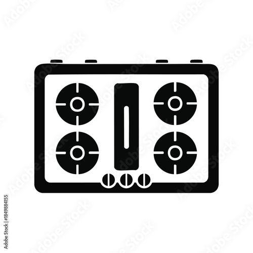 A simple black and white icon of a gas stove with four burners and a control knob on a clean white background.