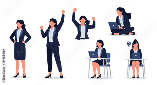 Character set of a businesswoman in a suit in various poses, including celebrating success and working on a laptop computer.