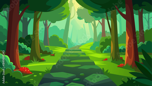 Path leading through a lush green cartoon forest