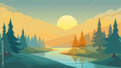 Illustration of a landscape with river and trees