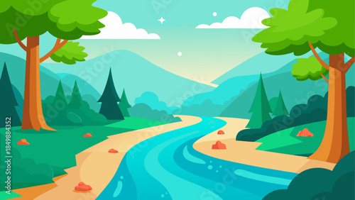 Cartoon landscape with river trees and mountains view