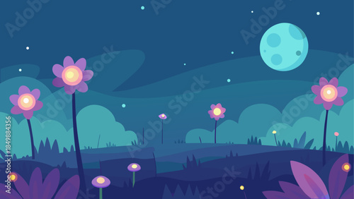 Illustration of a night landscape with moon and flowers