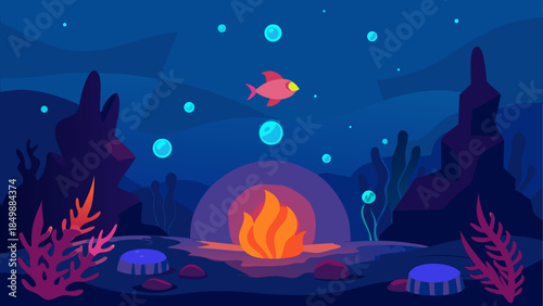 Underwater scene with fish and glowing fire source