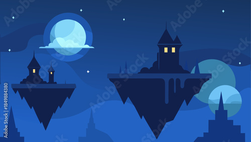 Floating islands with castles under a full moon sky