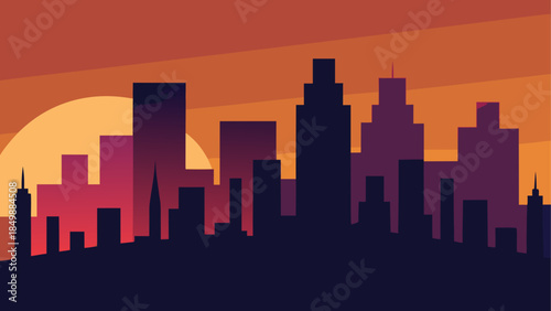 City skyline silhouette against a sunset backdrop
