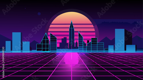 Retro cityscape with grid and sunset illustration