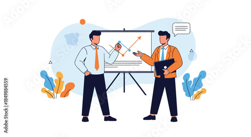 Two businessmen discussing a successful growth chart during a presentation, illustrating teamwork, strategy, and data analysis.