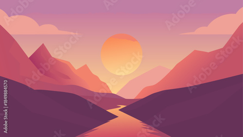 Illustration of mountains river and sunset landscape