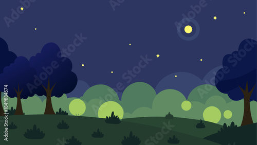 Illustration of a night scene with moon and trees