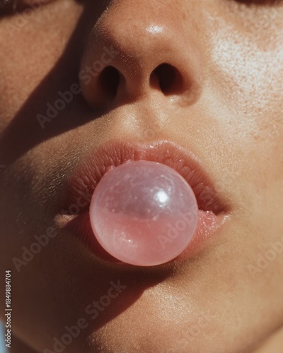 Candid Moment of Person Blowing and Popping Bubble Gum, Creating Sticky Mess on Lips