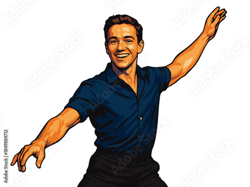 smiling man mid-dance in an energetic pose, wearing a short-sleeve shirt and black pants. Generative ai vector colorful pop art illustration.