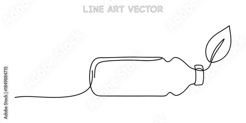 Continuous line drawing of a bottle with a green leaf. Minimalist design symbolizing ecofriendly packaging and sustainable living. Simple illustration for environmental concepts. Vector illustration