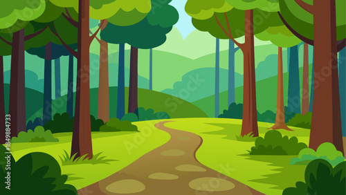 Cartoon forest scene with a winding path through it