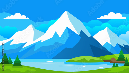 Landscape with mountains lake and evergreen trees