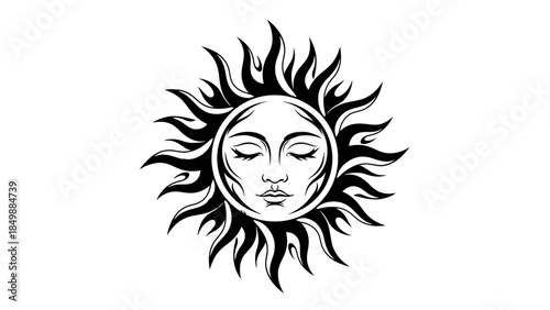 Serene sun with a closed human face and stylized sun rays, black and white illustration on isolated white background.