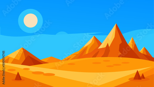Cartoon desert landscape with mountains and a sun