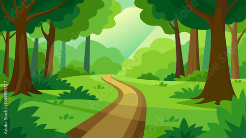 Cartoon forest scene with a winding path through it