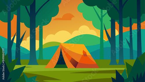 Camping scene with tent trees and sunset landscape