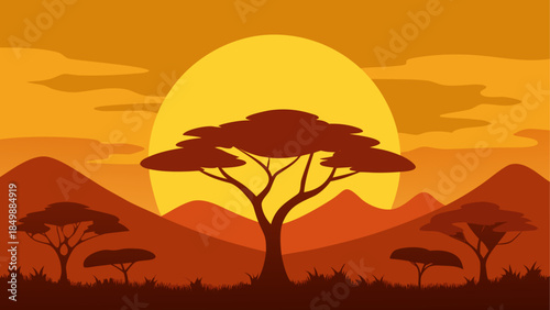 African savanna landscape with trees at sunset time