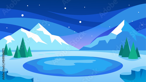 A winter landscape with mountains and a frozen lake
