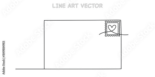 Minimalist continuous line drawing of an envelope with a heartshaped stamp. Simple graphic design representing love, communication, and mail correspondence. Vector illustration