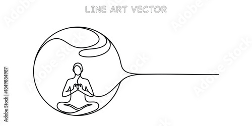 Continuous line art drawing of a person meditating in a peaceful lotus pose. Abstract concept representing mindfulness, spiritual connection, and inner peace. Design for wellness. Vector illustration