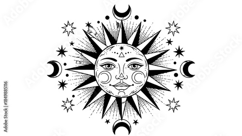 Mystical Sun Face with Crescent Moons and Stars in a Bohemian Style Illustration on Isolated White Background