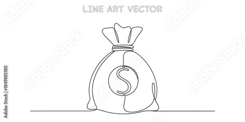 Continuous line art drawing of a money bag with a dollar sign. A minimalist single line design symbolizing finance, wealth, savings, and investment concepts. Vector illustration