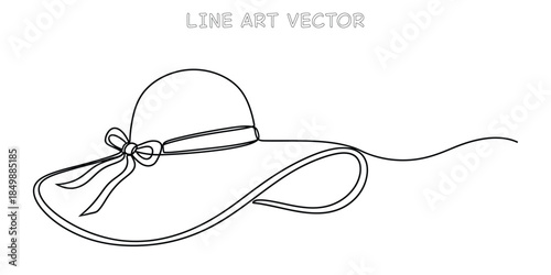 A single continuous line drawing of a stylish sun hat with a decorative bow. Minimalist design perfect for summer fashion, accessories. Simple black and white artwork. Vector Illustration