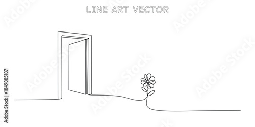 Continuous line drawing of an open door leading to a blooming flower. Minimalist concept representing new opportunities, growth, and hope for the future. Clean design element. Vector illustration