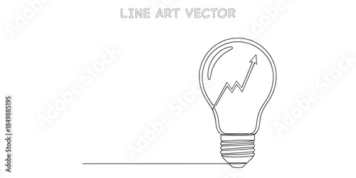 Continuous line drawing of a lightbulb with an upward trending graph inside. Concept of business growth, innovation, and creative ideas leading to success and progress. Vector illustration