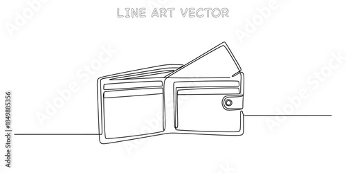 Continuous one line drawing of a wallet with money and credit cards inside. Modern minimalist style for finance, banking, and payment concepts. Economy and personal budget symbol. Vector illustration