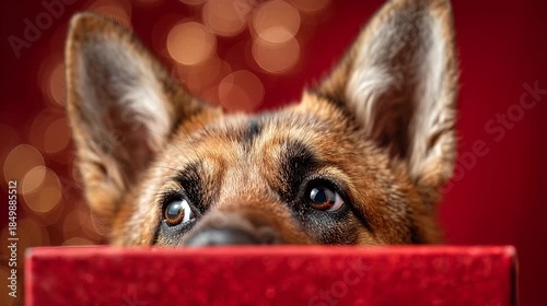 German Shepherd Peeking Over Red Box