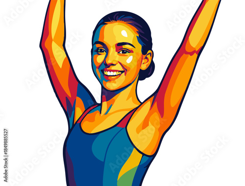 joyful female ballet dancer with arms raised, wearing a leotard and exuding confidence and grace. Generative ai vector colorful pop art illustration.