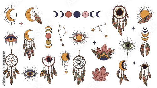 Bohemian Mystical Elements Collection with Dreamcatchers, Moons, and Evil Eyes on Isolated White Background