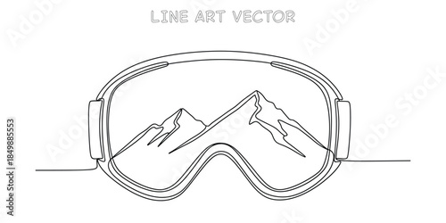 Continuous one line drawing of ski goggles with mountain peaks reflected inside. Minimalist winter sports equipment for adventure and travel. Outdoor recreation concept. Vector illustration