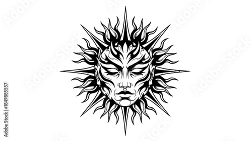 Intense Stylized Sun Face Symbol with Tribal or Mythical Expression on Isolated White Background