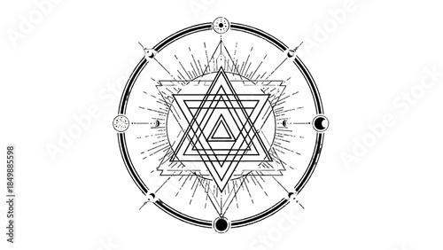Intricate sacred geometry mandala with esoteric symbols, black and white design on isolated white background.